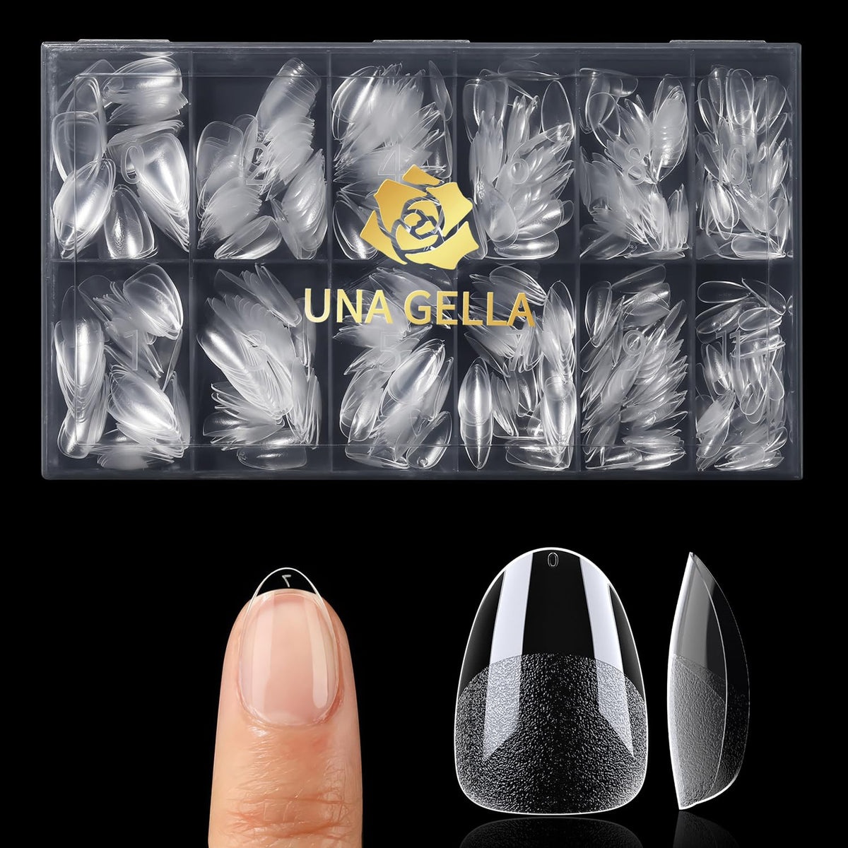 UNA GELLA extra short almond nail tips packaging shows 504-piece set for home salon use
