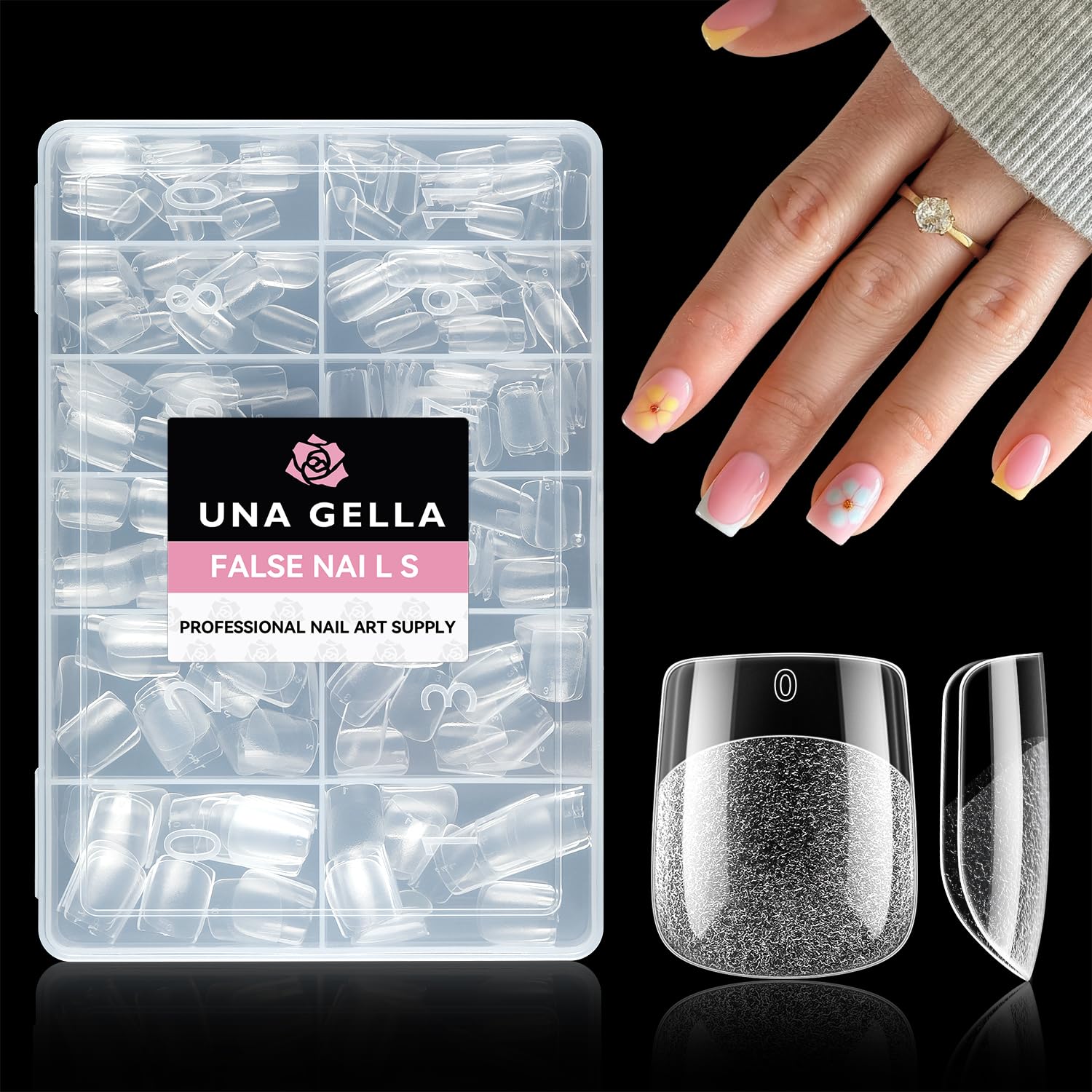 UNA GELLA Extra Short Square nail tips close-up shows clear coverage for DIY salon results