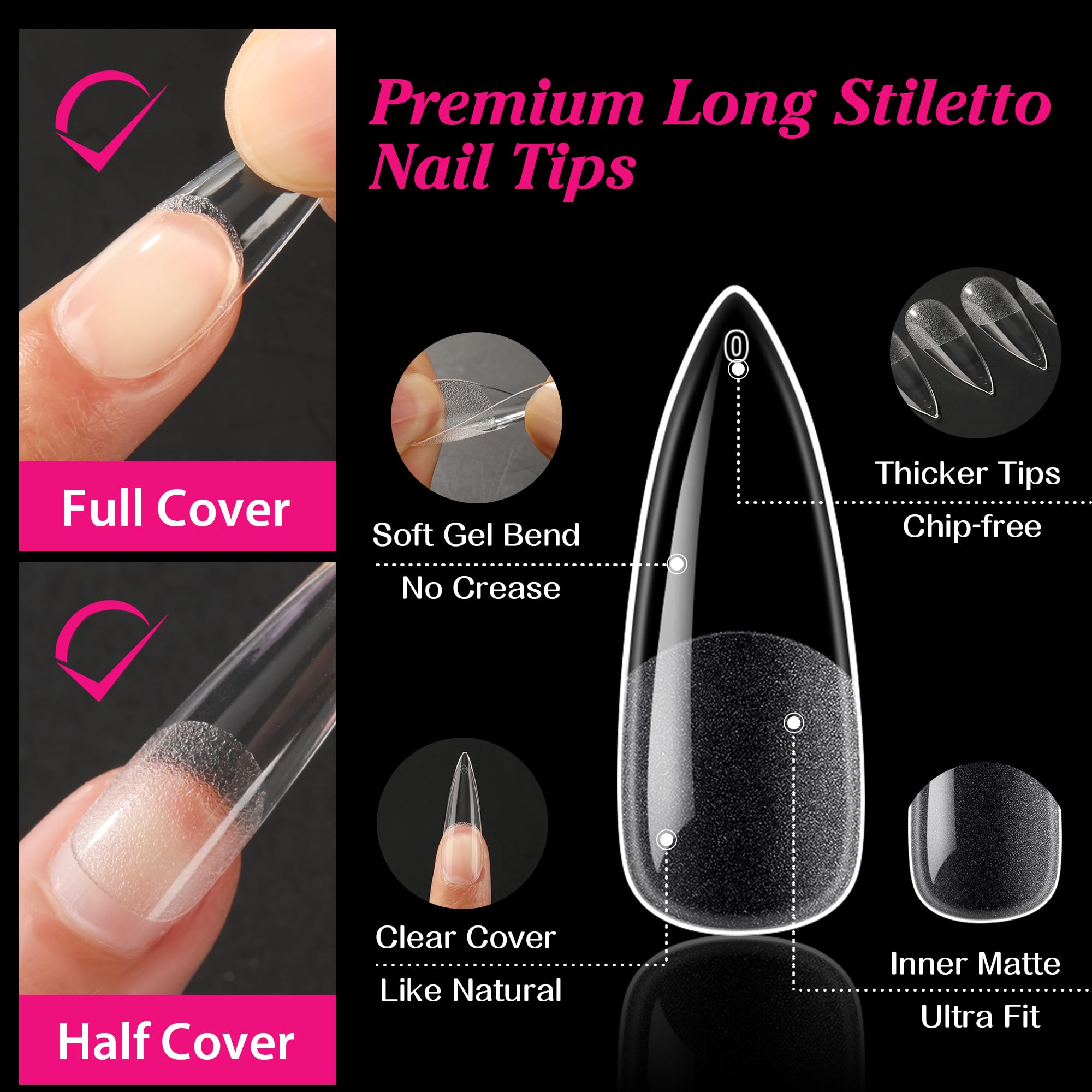 UNA GELLA flexible stiletto tips show crease-free fit and comfortable wear.