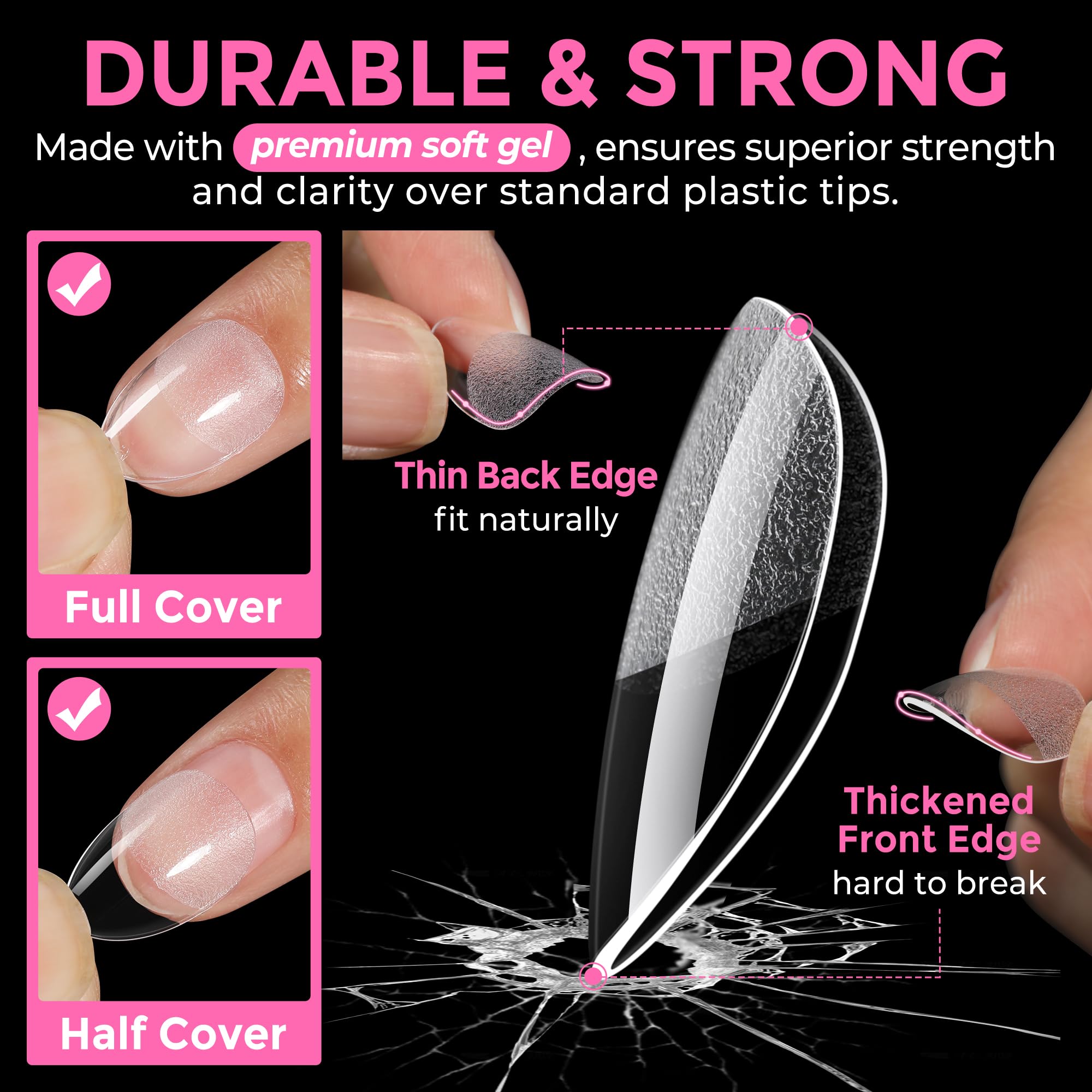 UNA GELLA full-cover gel tips easy to file and shape.