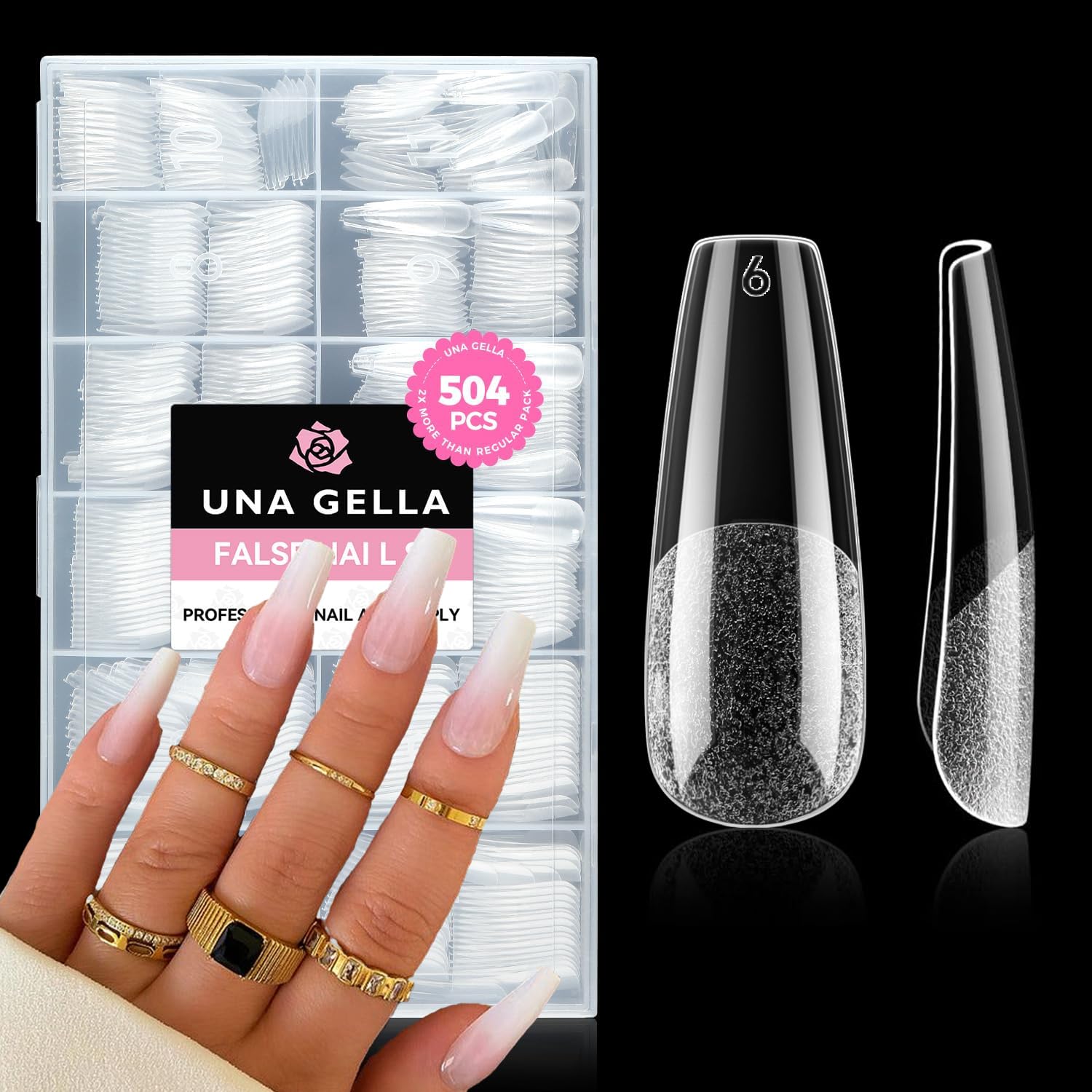 UNA GELLA long coffin nail tips packaging shows 504 pieces for at-home extensions.