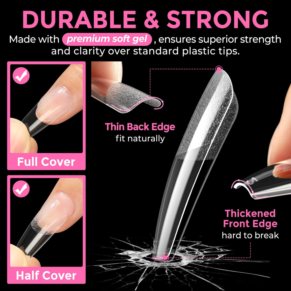 UNA GELLA Long Coffin Tips application on nail demonstrates easy press-on and precise coverage