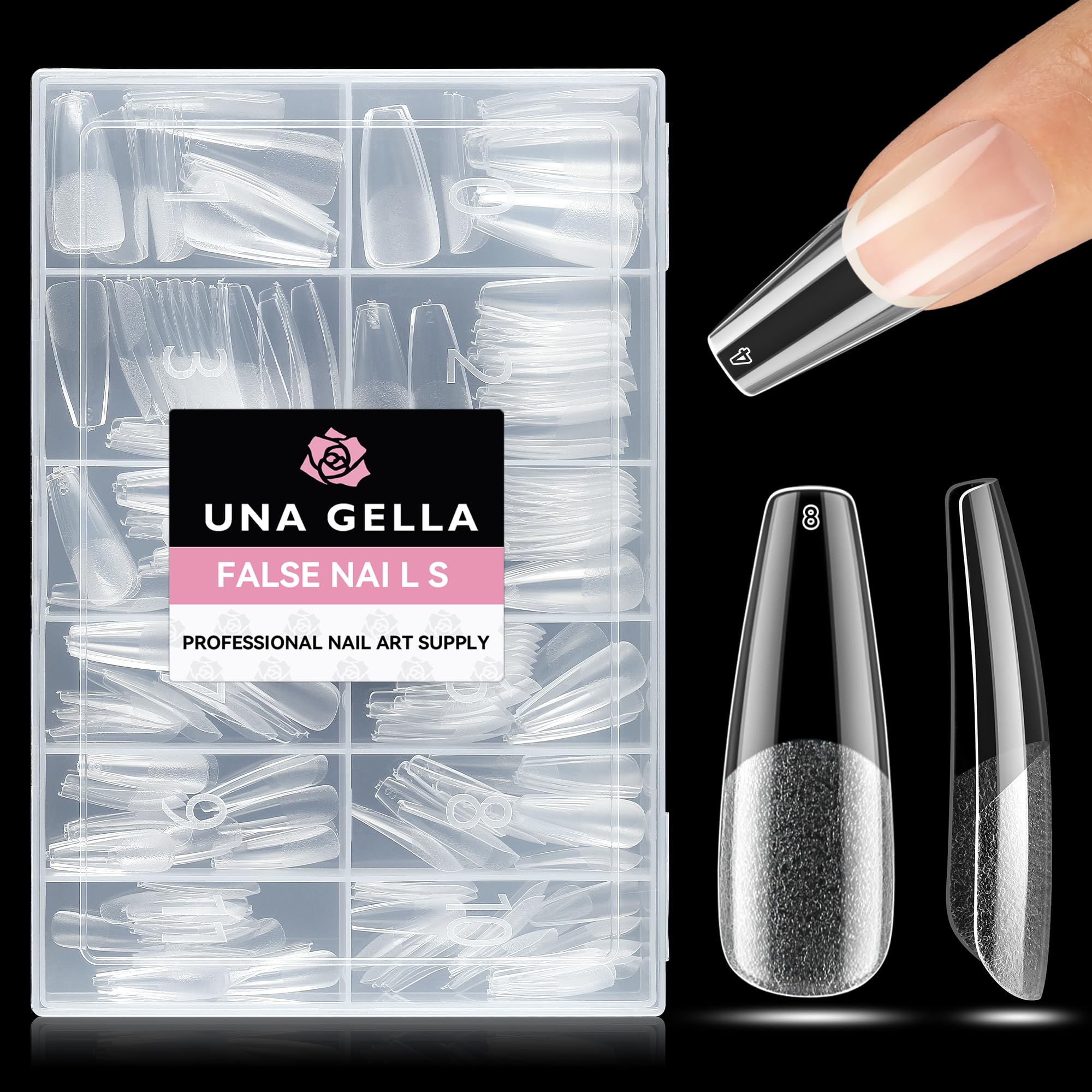 UNA GELLA Long Coffin Tips front view shows clear nail extension for salon-like results