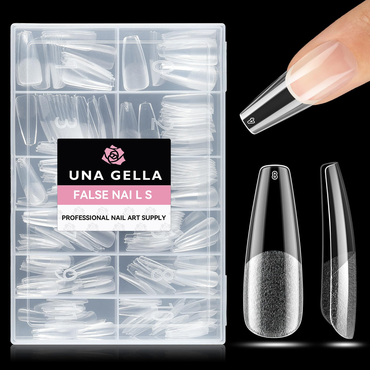 UNA GELLA Long Coffin Tips front view shows clear nail extension for salon-like results