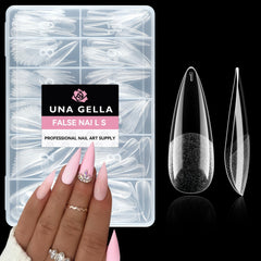 UNA GELLA long stiletto nail tips close-up of the 216-piece pack for DIY salon-quality extensions