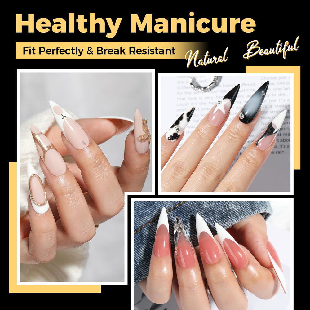 UNA GELLA long-stiletto nail tips closeup highlights clear, flexible tips for natural-looking nails.