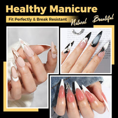 UNA GELLA long-stiletto nail tips closeup highlights clear, flexible tips for natural-looking nails.