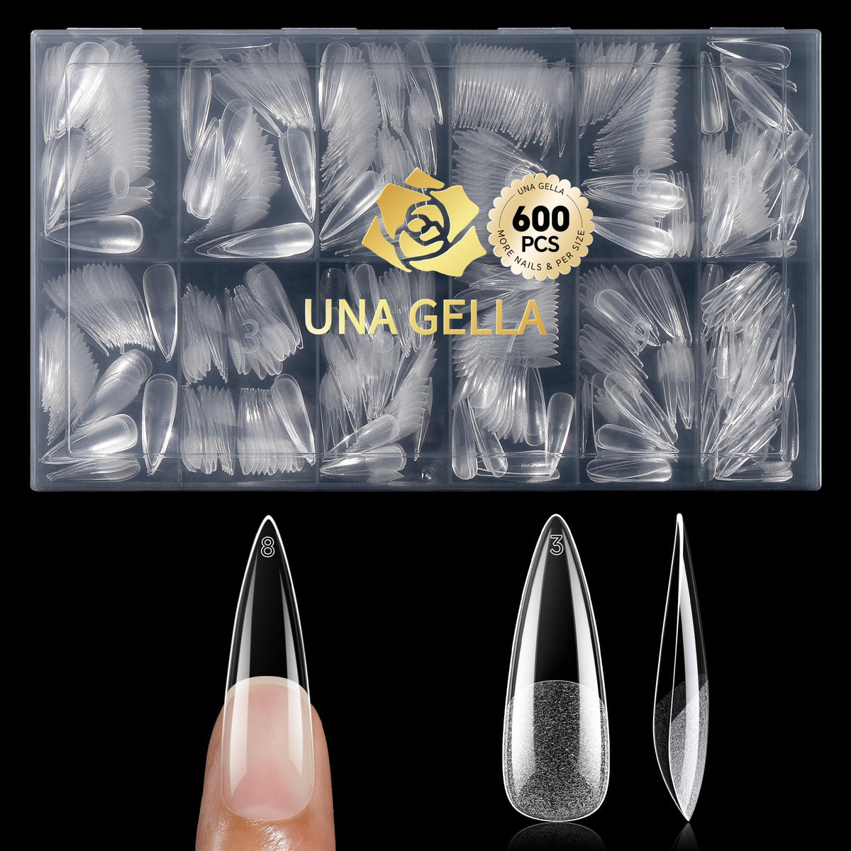 UNA GELLA long stiletto nail tips packaging shows 600 pieces for home DIY nail art.