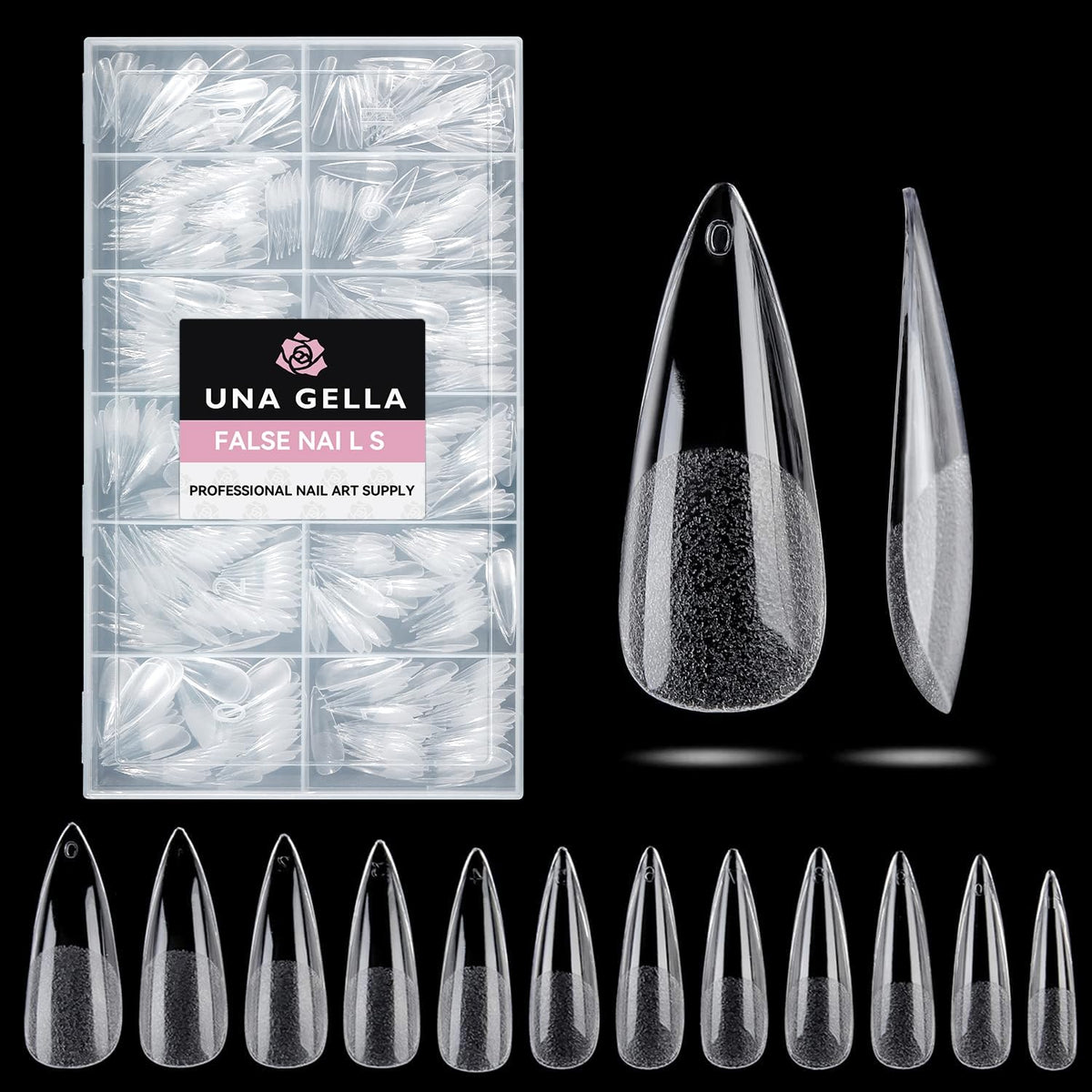 UNA GELLA long stiletto nails box shows a 504-piece set for salon-grade extensions.
