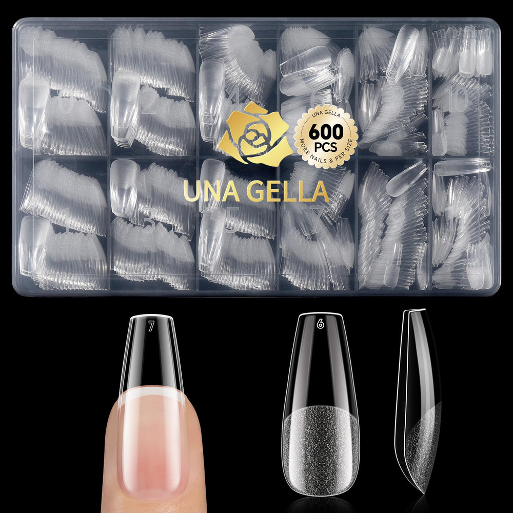 UNA GELLA coffin tips 600pcs package shows inner texture for stronger adhesion.