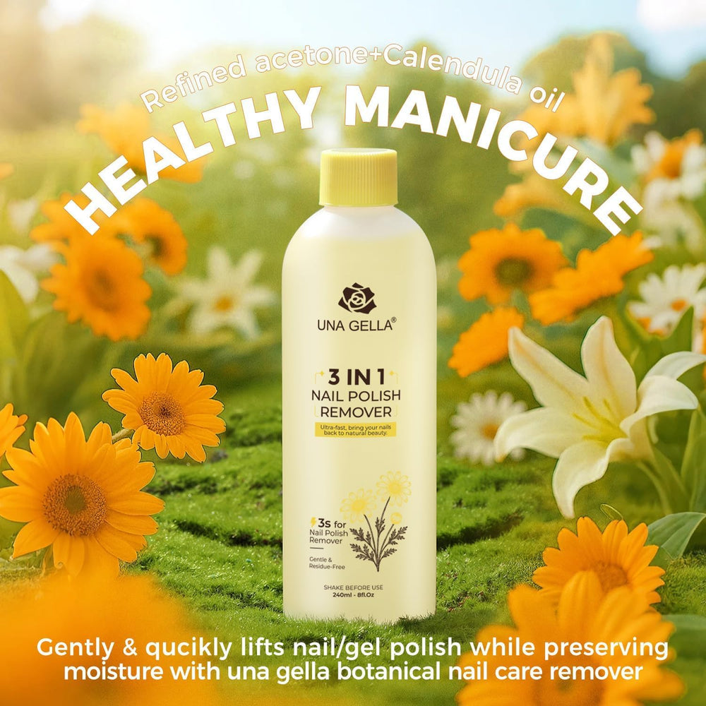 UNA GELLA nail care remover cleans, softens, and moisturizes nails in one step.