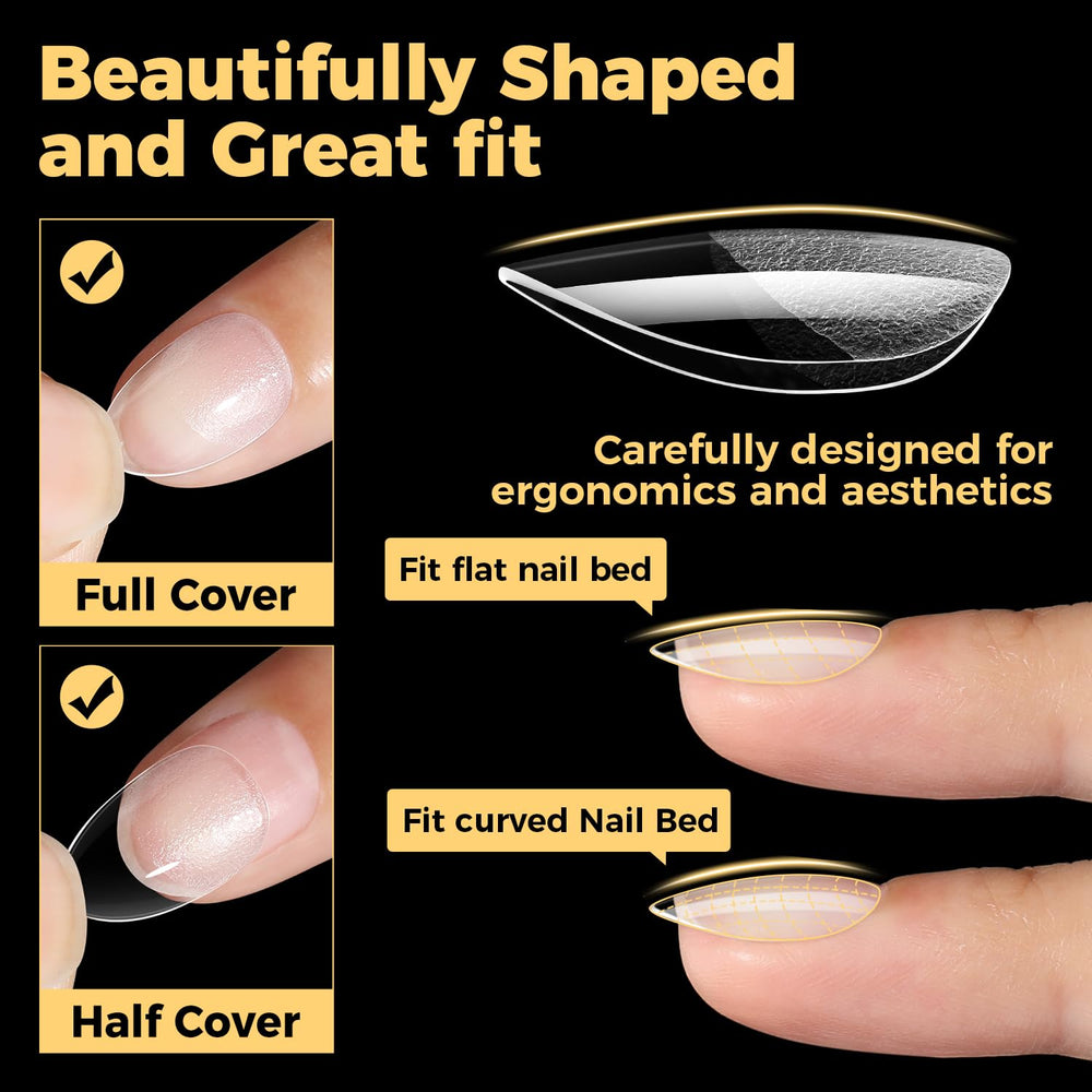 UNA GELLA clear almond tips with thin back edge and thick front edge for durability