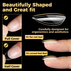 UNA GELLA clear almond tips with thin back edge and thick front edge for durability