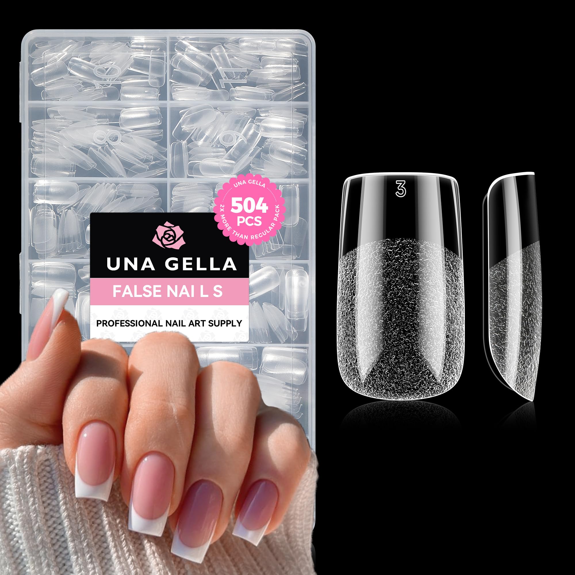UNA GELLA Nail Tips Square 504pcs pack, clear salon-grade extension option.