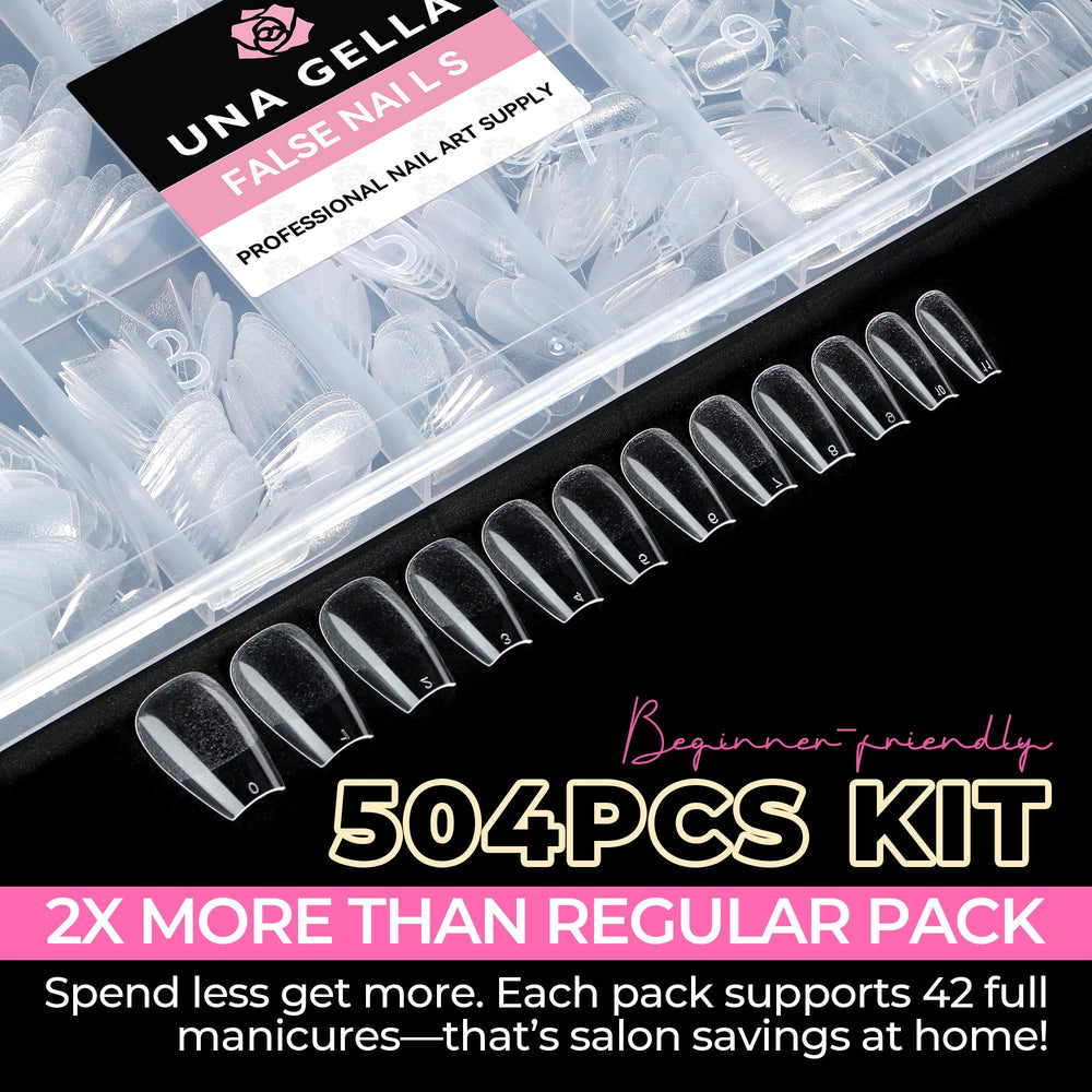 UNA GELLA no-trace finish close-up, bright clear tips for clean nail-on results.