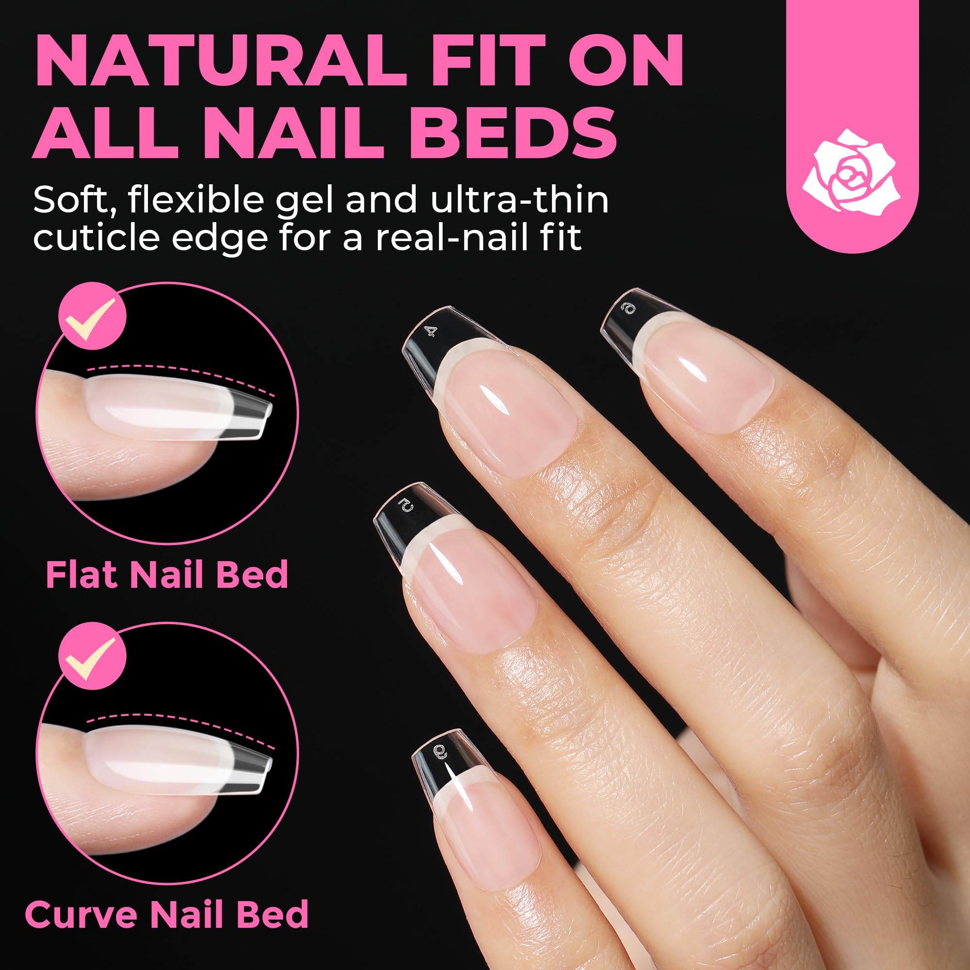 UNA GELLA pre-etched clear tips close-up, easy pre-shaped for a natural look.