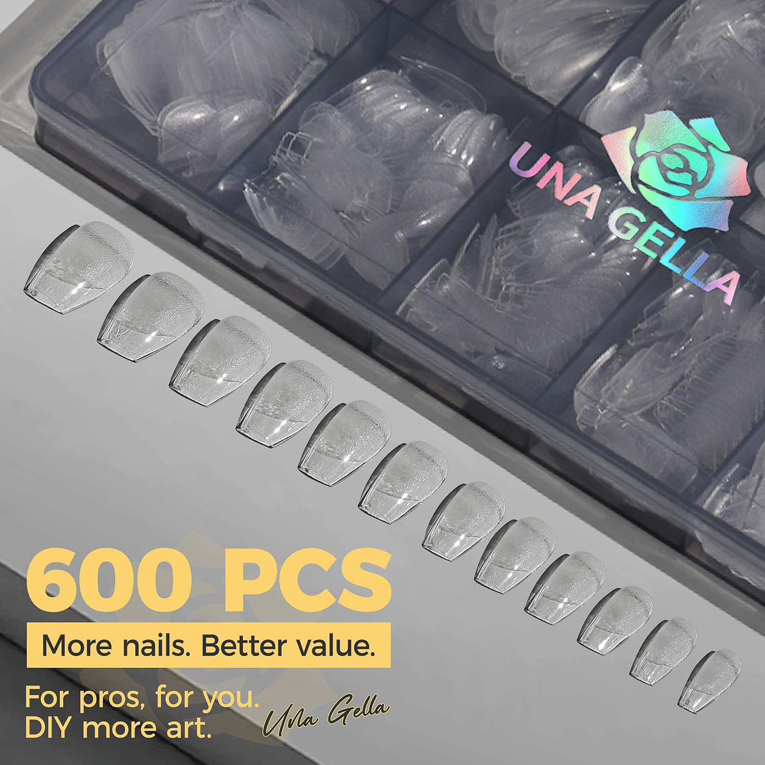 UNA GELLA pre-etched nail tips in 12 sizes for versatile DIY extensions