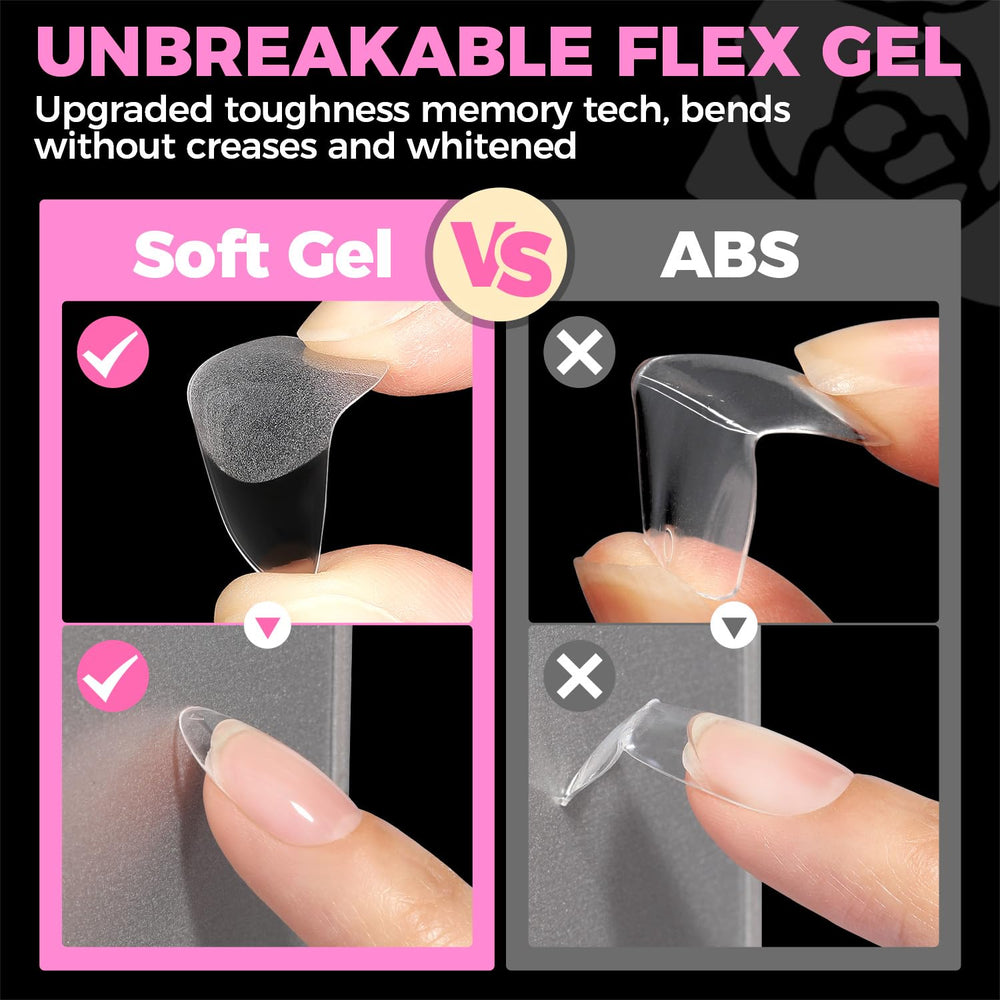 UNA GELLA press-on tip demonstrates compatibility with polish, dip powder, and acrylic