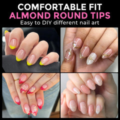 UNA GELLA Short Almond Round tips close-up shows clear, flexible gel tips for salon-like results