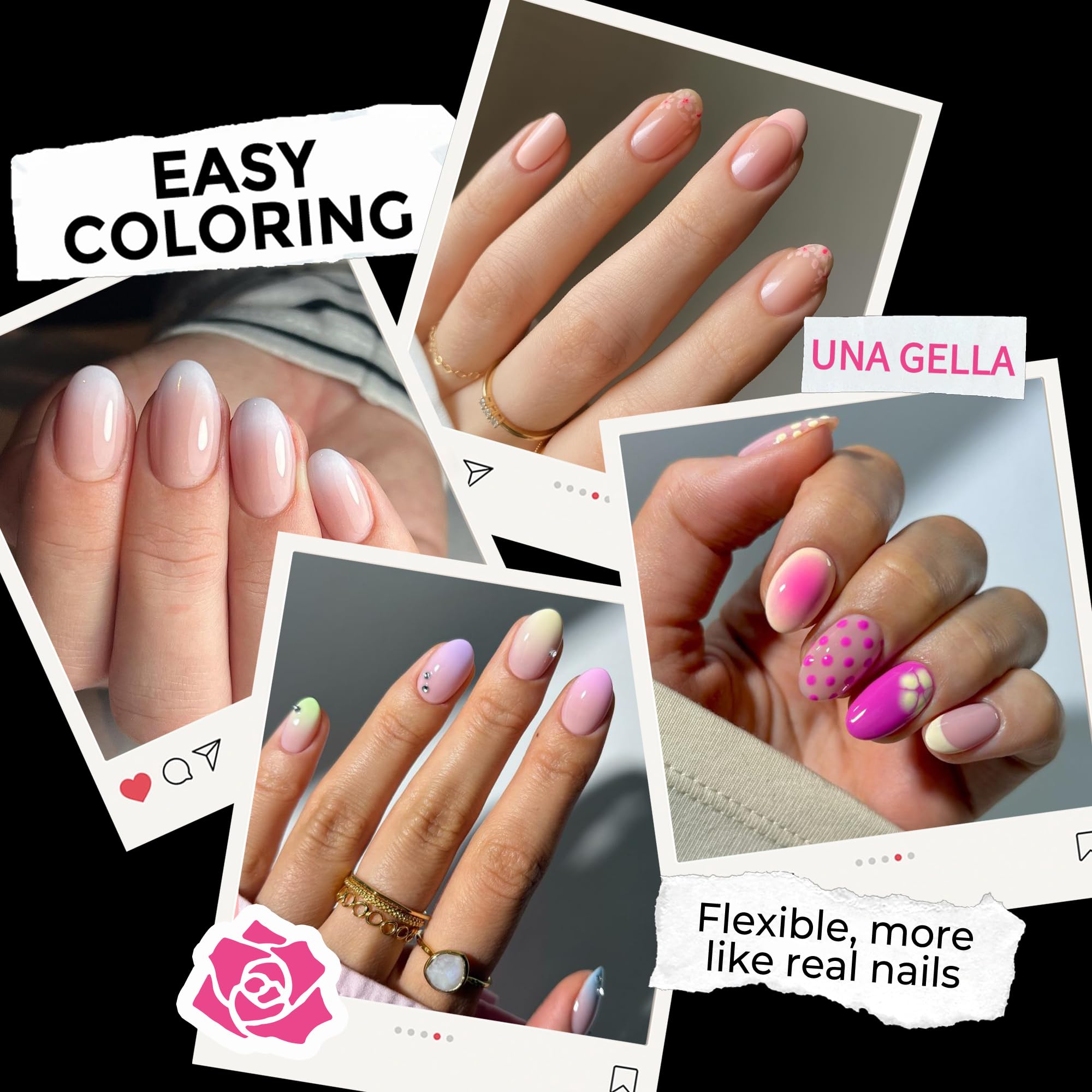 UNA GELLA Short Almond Round tips on nail bed demonstrate secure press-on fit