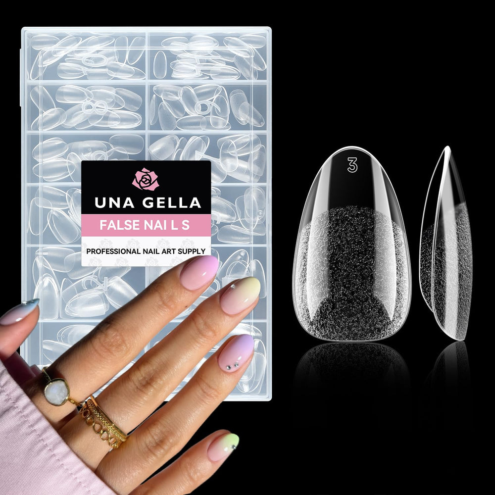 UNA GELLA Short Almond Round tips packaging ready for easy DIY home manicure
