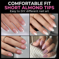 UNA GELLA Short Almond Tips being pressed on a nail bed for natural fit.