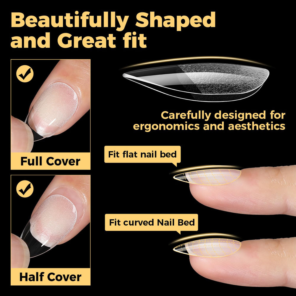 UNA GELLA short gel almond tips applying close-up for secure adhesion.