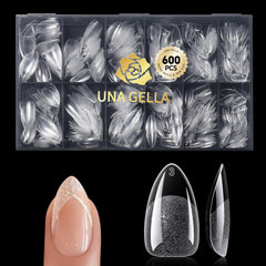 UNA GELLA short gel almond nail tips box close-up for easy DIY extensions.