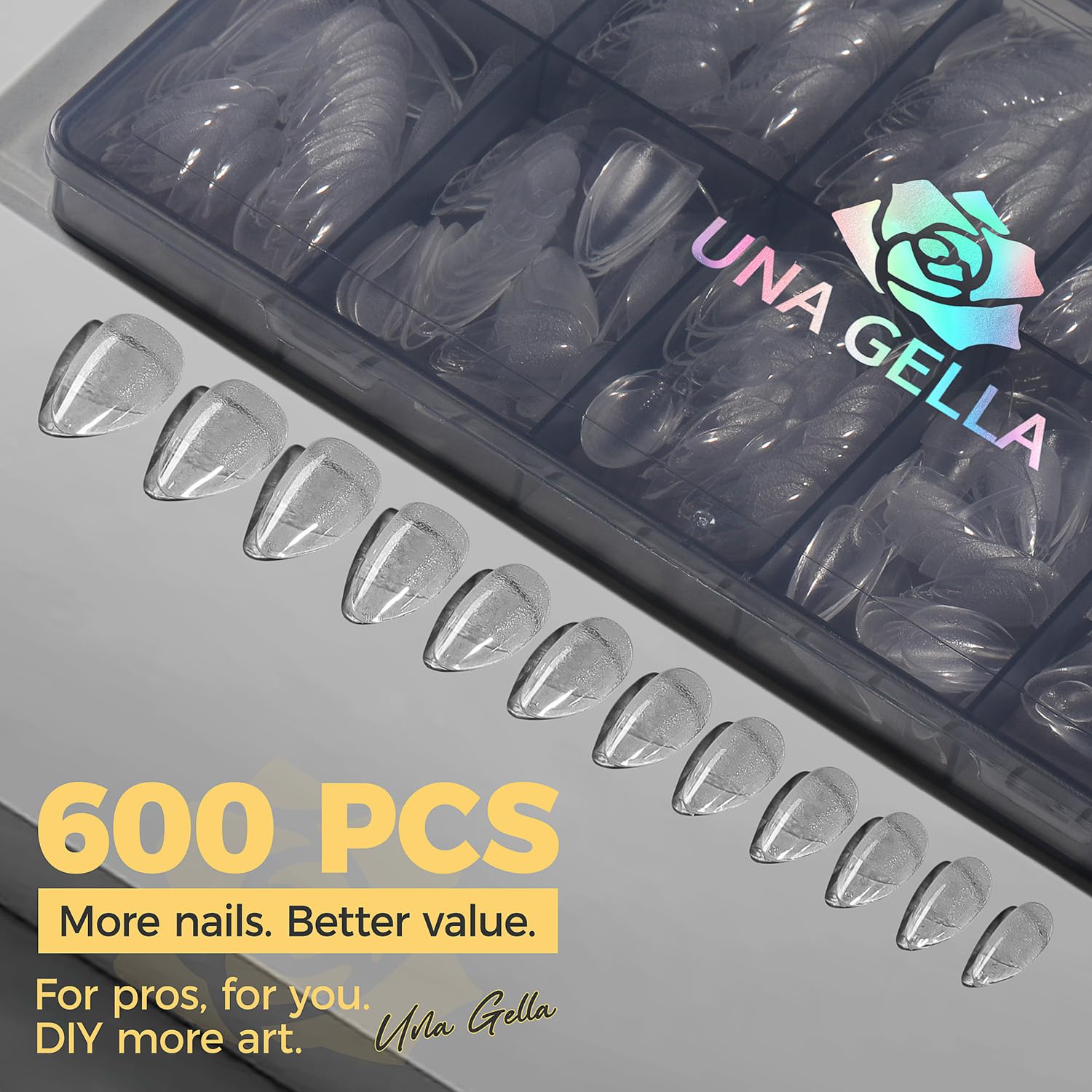 UNA GELLA almond tips clear for natural-looking extensions.
