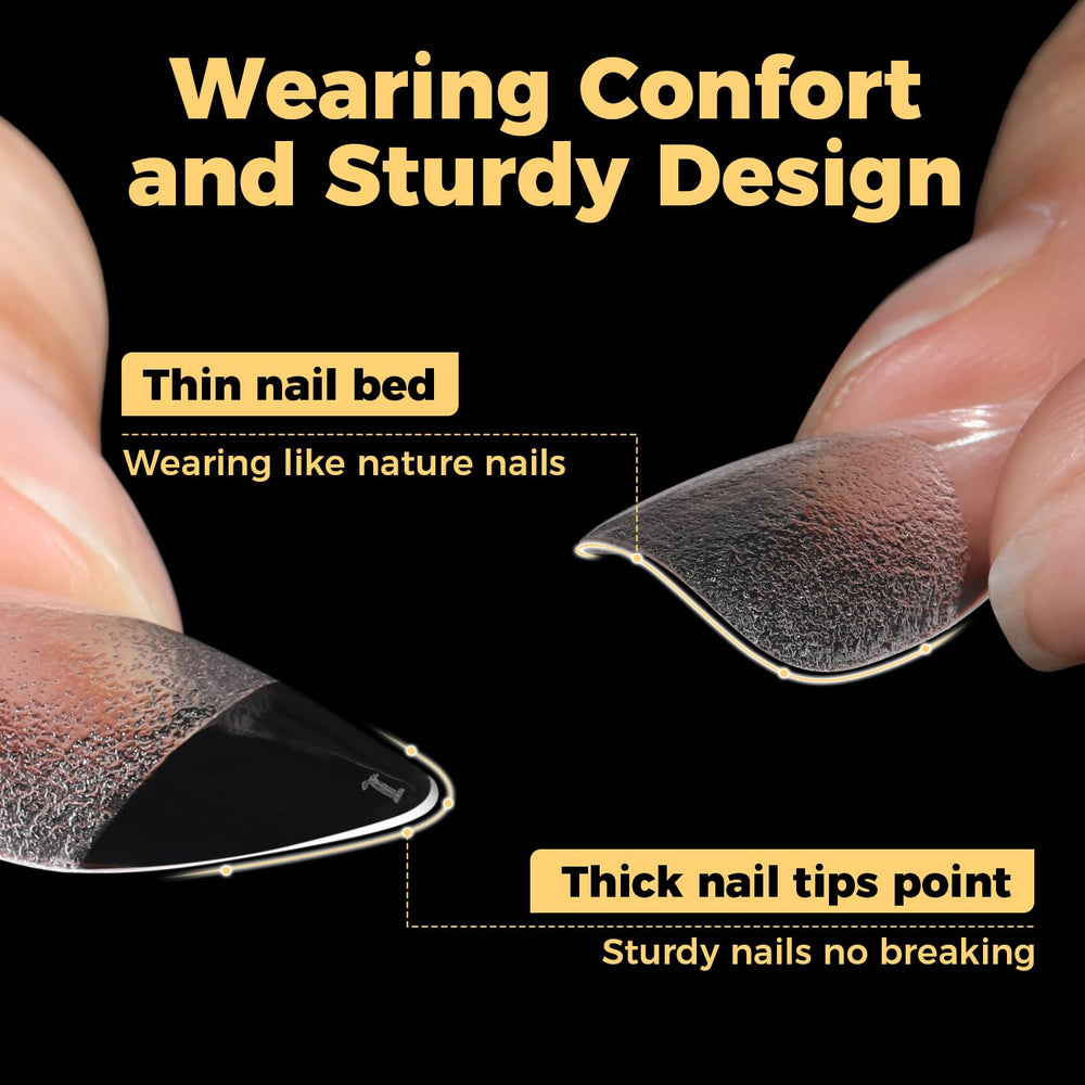 UNA GELLA short gel almond tips soak-off friendly for easy removal.