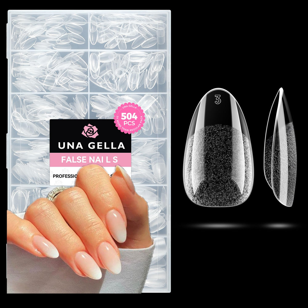 UNA GELLA short oval almond tips in box for easy at-home sizing.