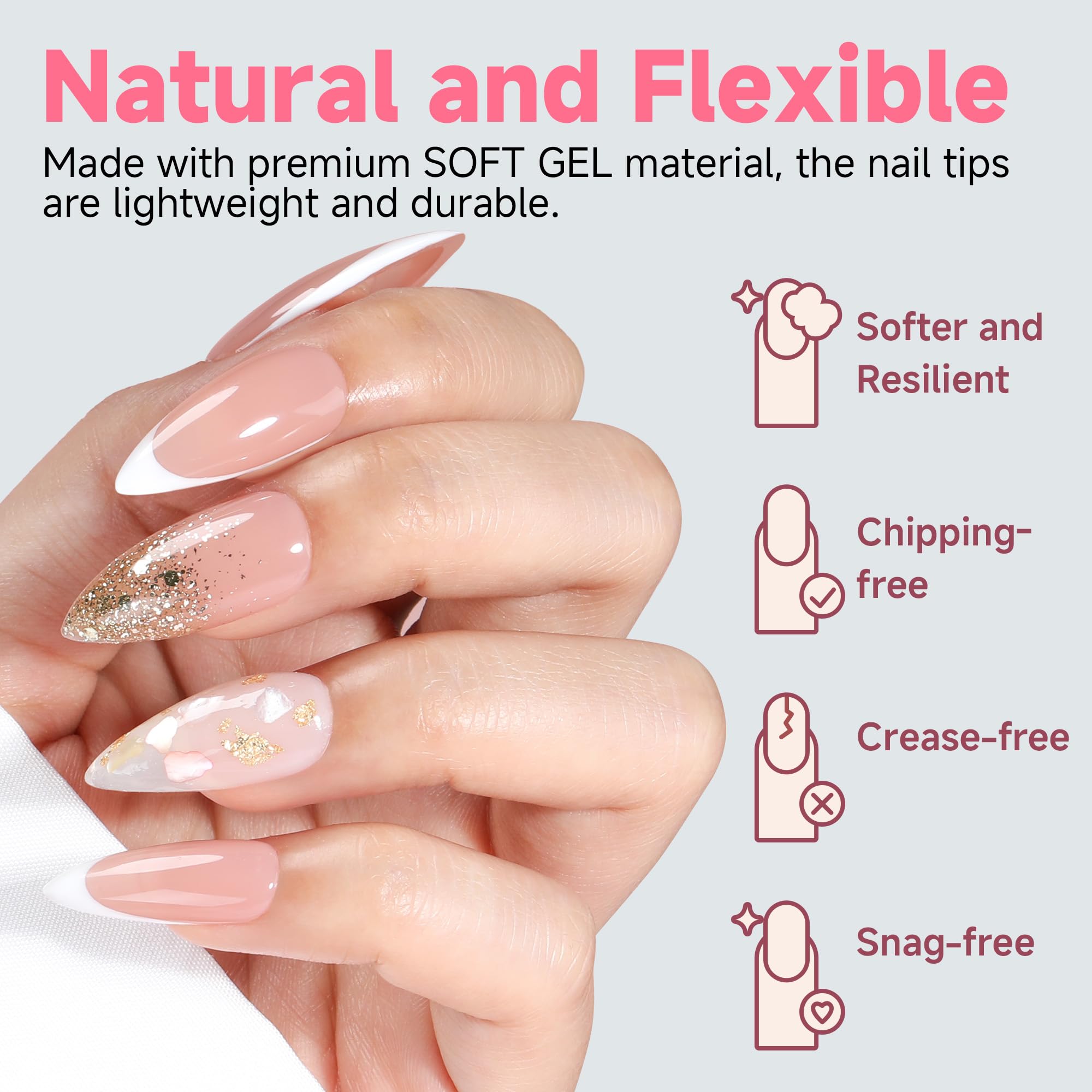 UNA GELLA soft gel tips bend test demonstrates crease-free flexibility.