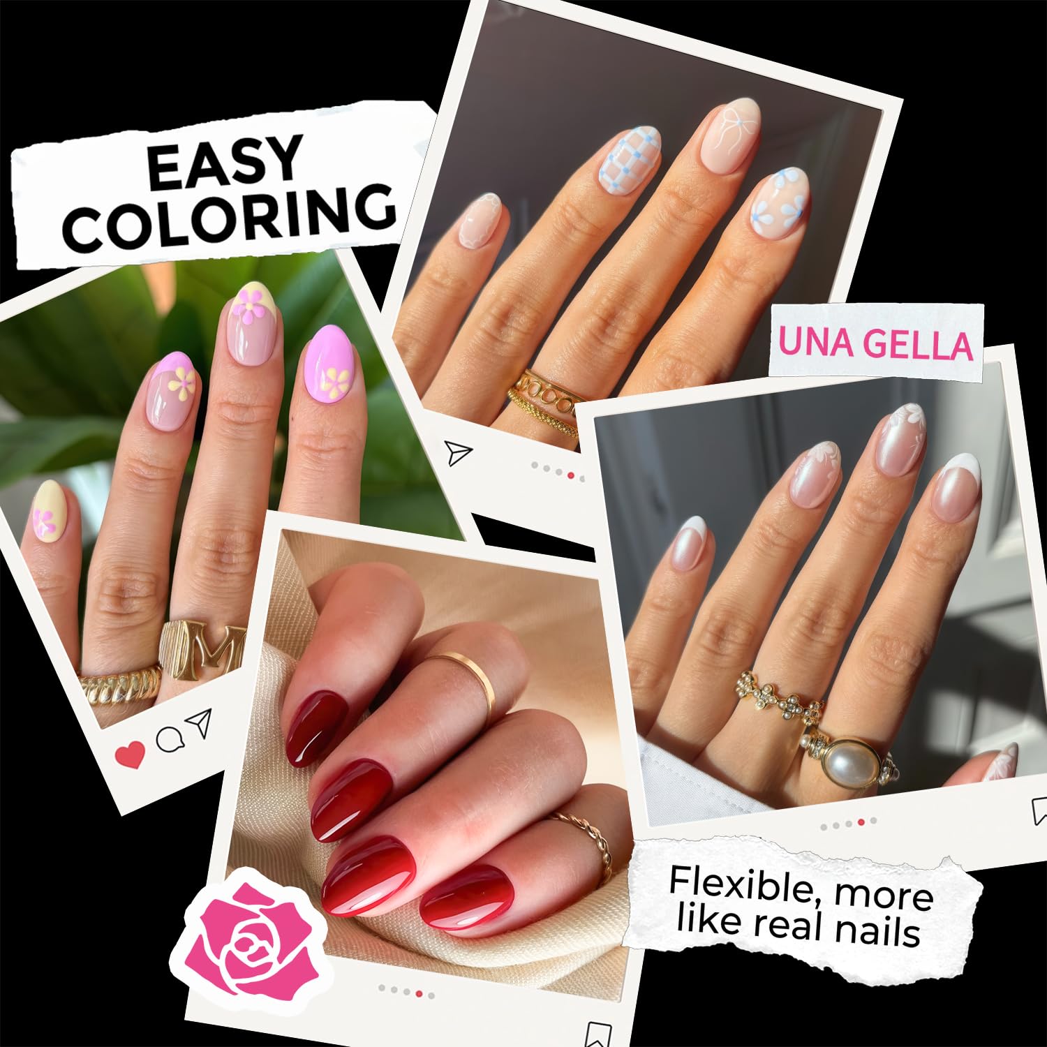 UNA GELLA soft gel tips with thin back edge for natural fit.