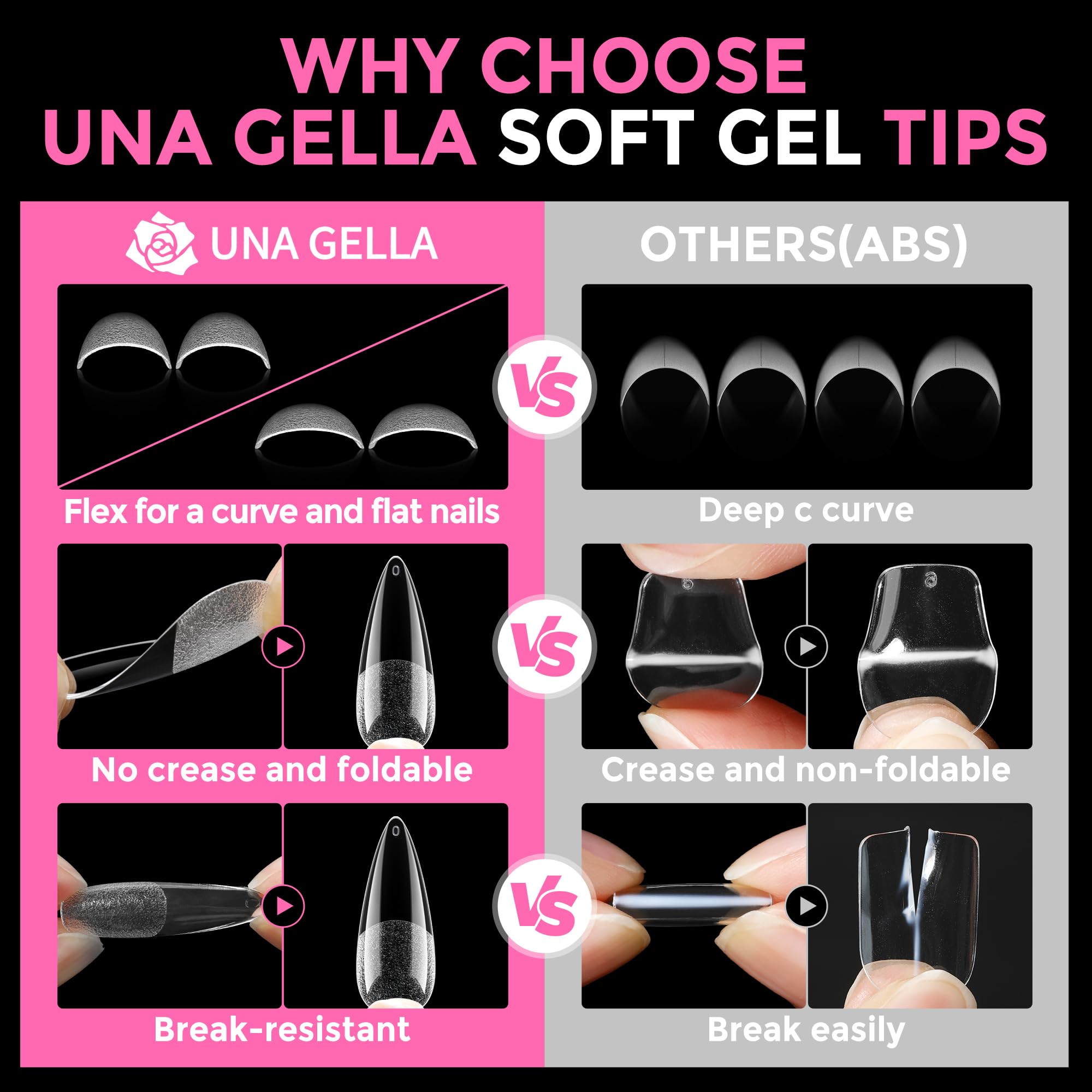 UNA GELLA soft gel tips close-up edge detail reduces pressure when pressed on natural nails