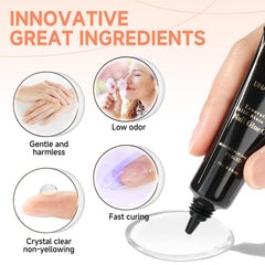 UNA GELLA solid nail glue on translucent tips provides strong adhesion.