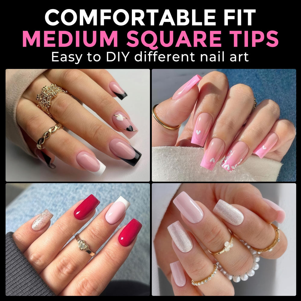 UNA GELLA square nail tips with clear cover for a salon-like finish.