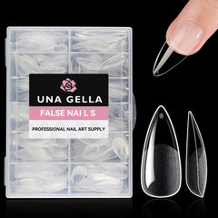 UNA GELLA stiletto clear tips close-up for a long-lasting home manicure.