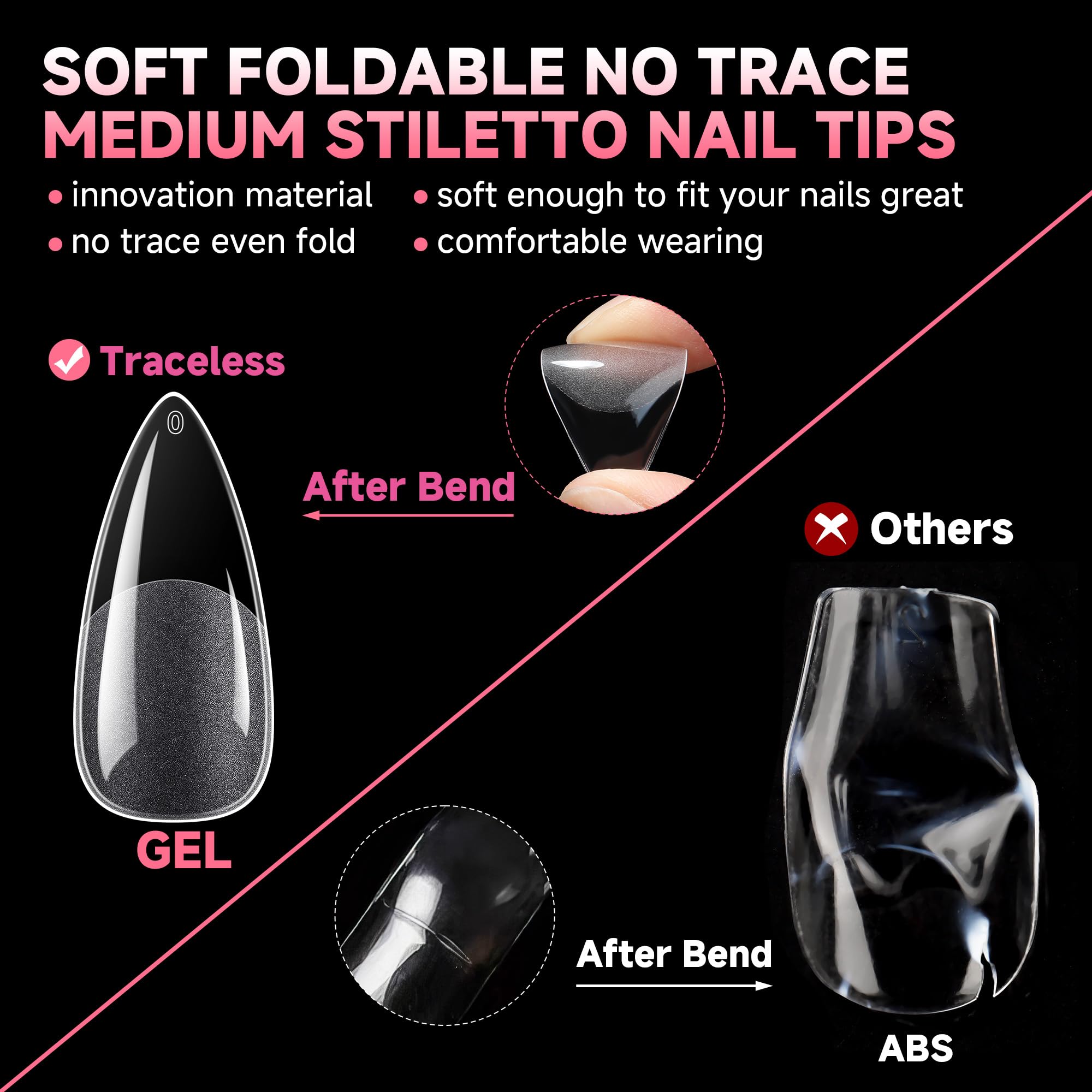 UNA GELLA stiletto nails matte bed view highlights easy filing-free prep.