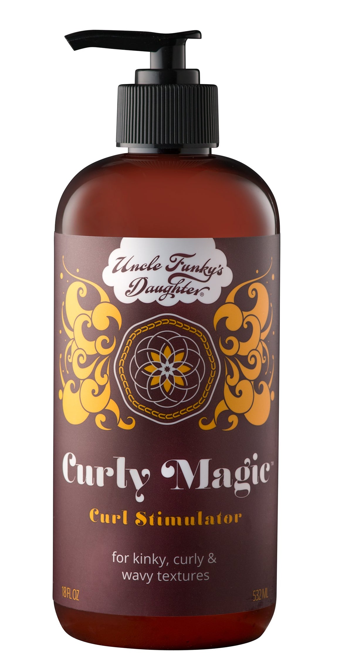 Uncle Funky's Daughter Curly Magic Stimulator bottle promotes moisture retention for defined curls