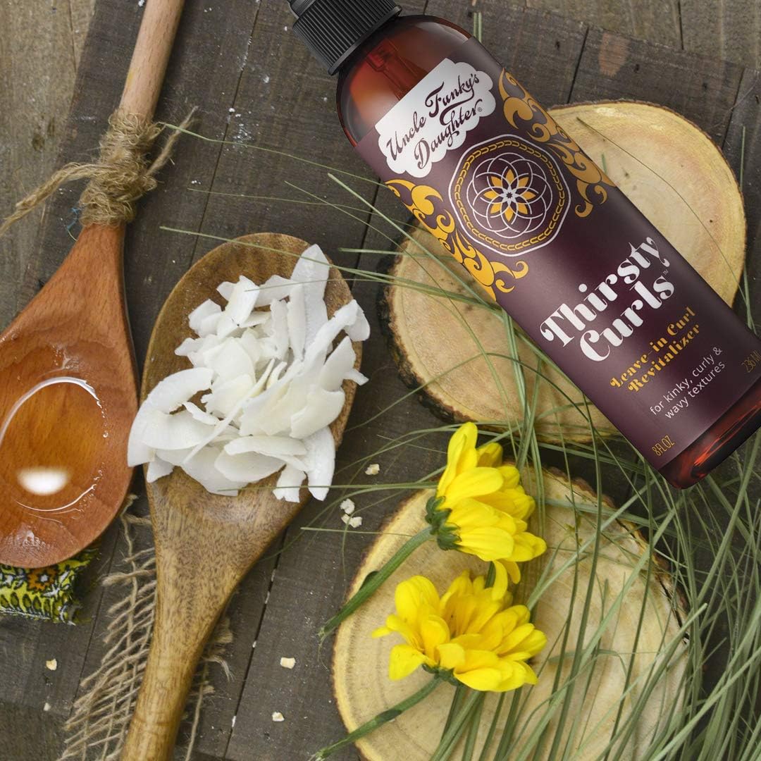 8 oz bottle of Uncle Funky's Daughter Thirsty Curls on a bathroom sink