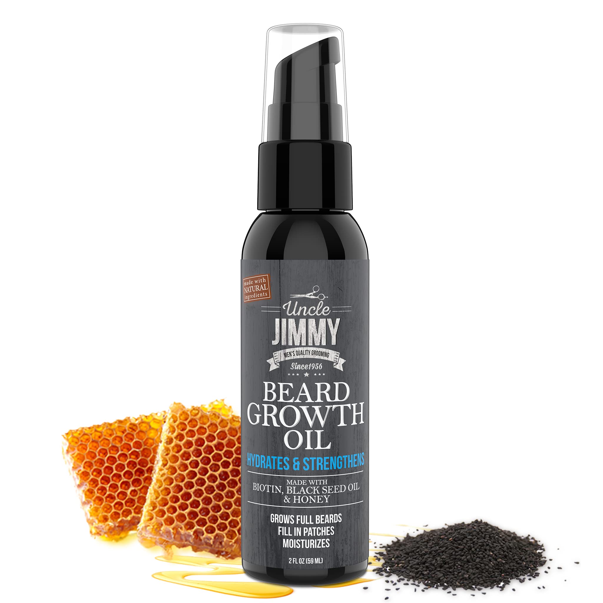 Uncle Jimmy Beard Growth Oil close-up highlights biotin-supported follicle care for fuller look.