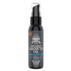 Uncle Jimmy Beard Growth Oil bottle on wood table promotes healthier beard growth.