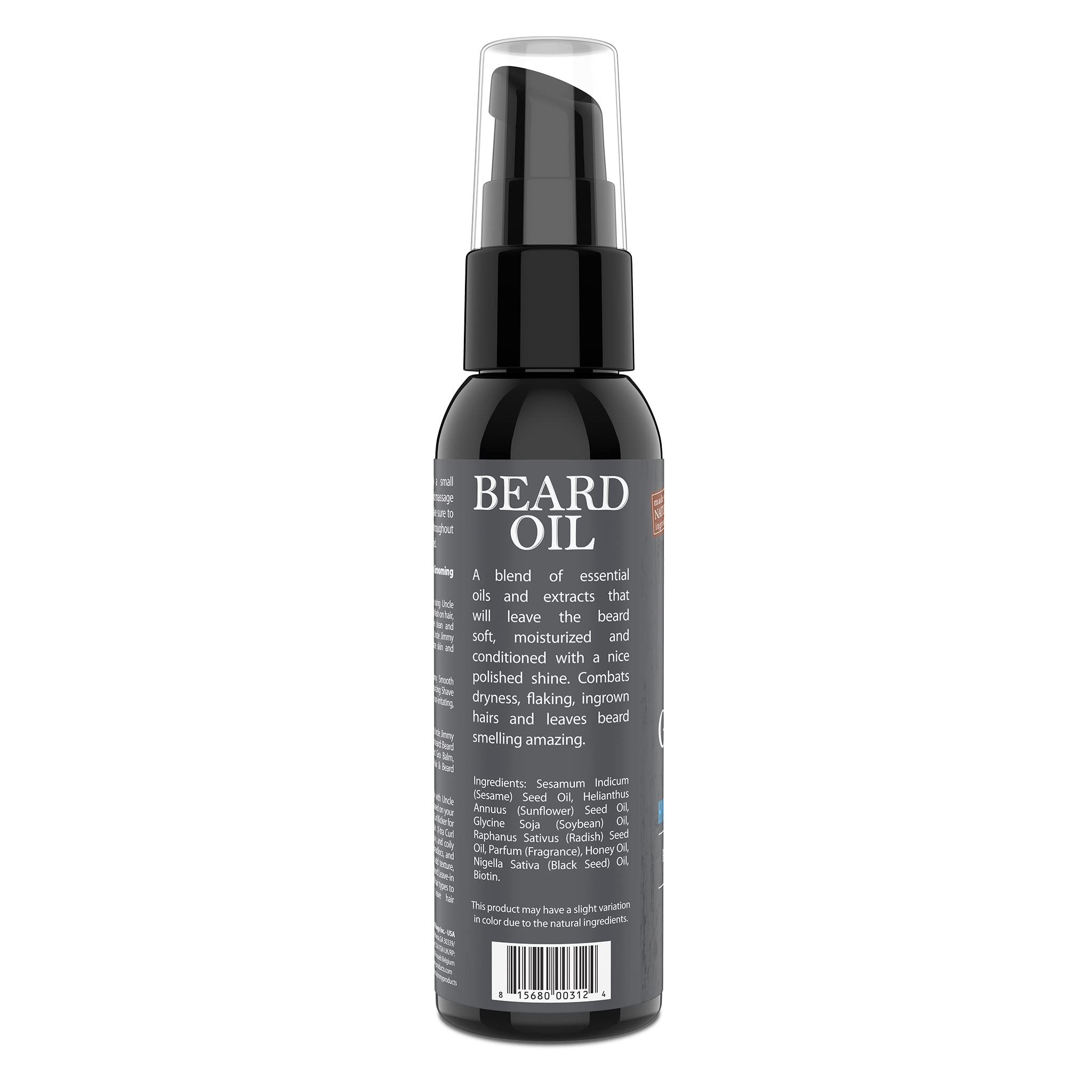 Uncle Jimmy Beard Growth Oil image shows beard glow and hydrated hair.
