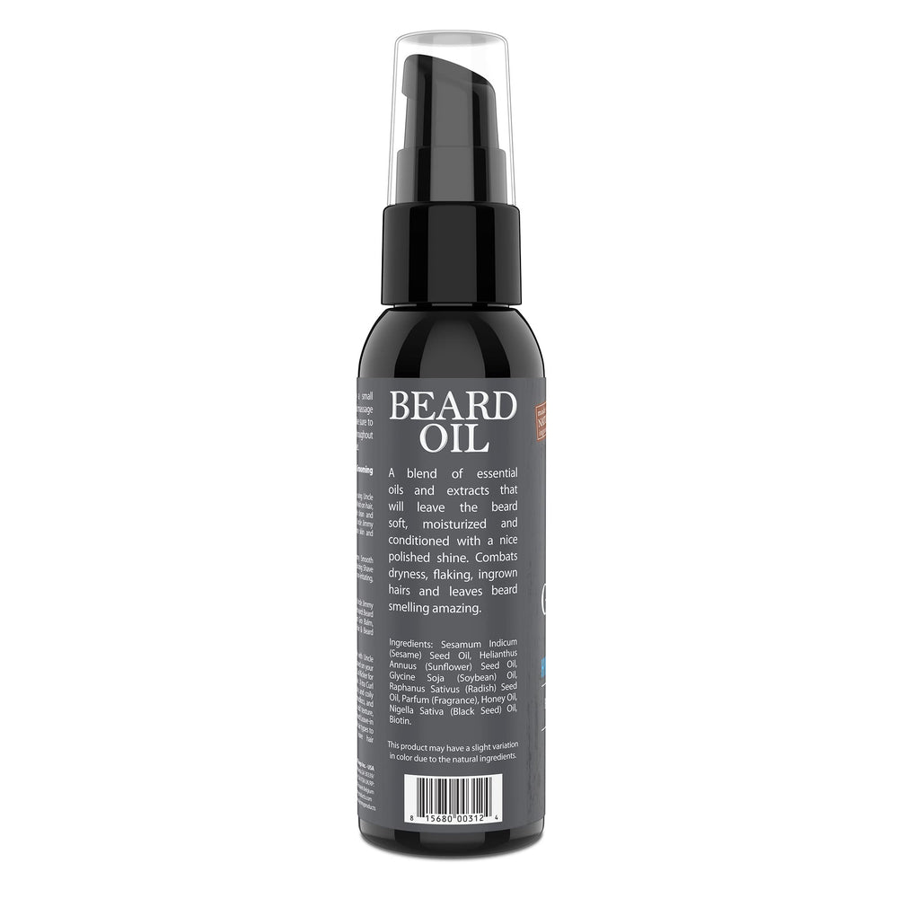Uncle Jimmy Beard Growth Oil image shows beard glow and hydrated hair.