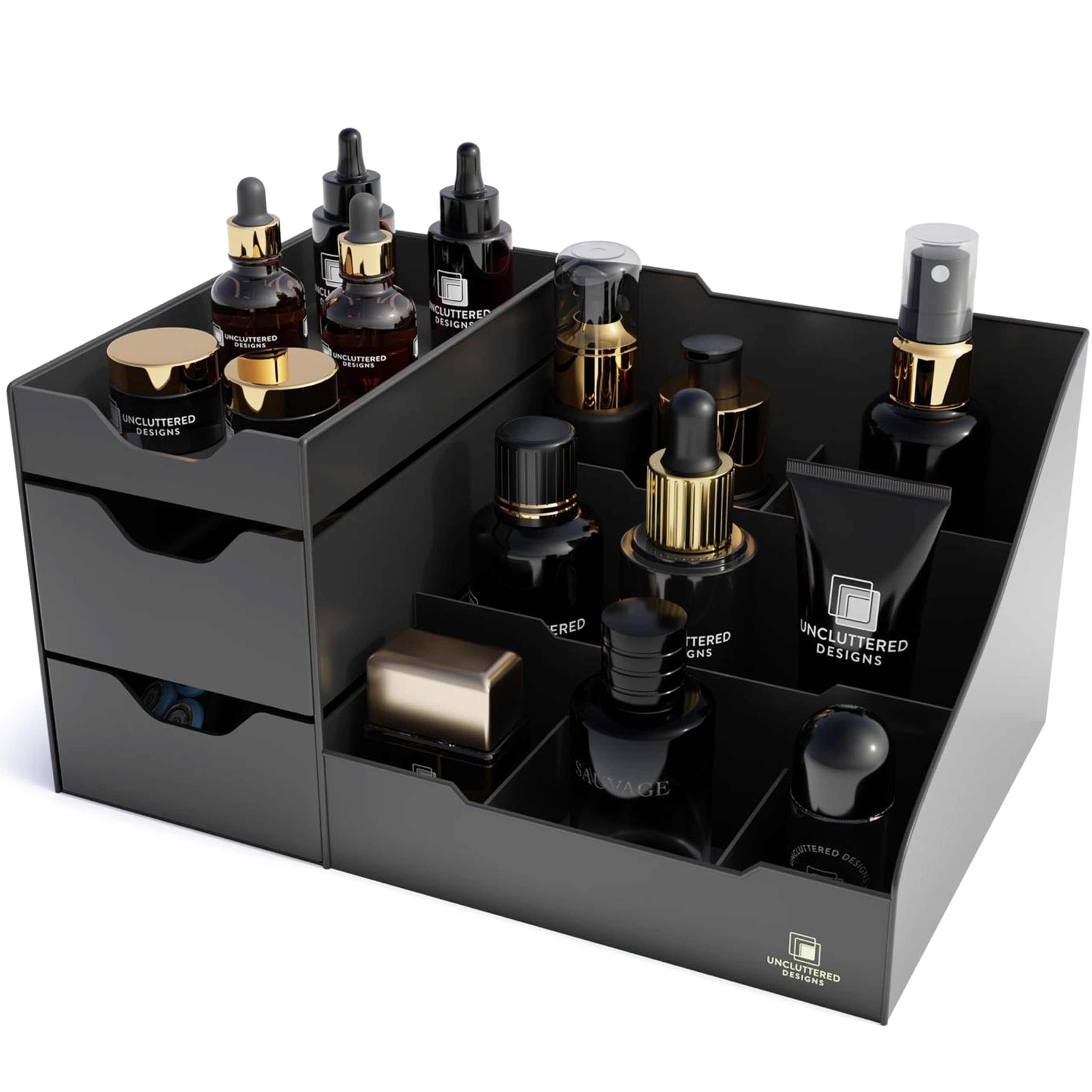Uncluttered Designs large black vanity organizer top view showing roomy storage for daily setup and easy cleanup