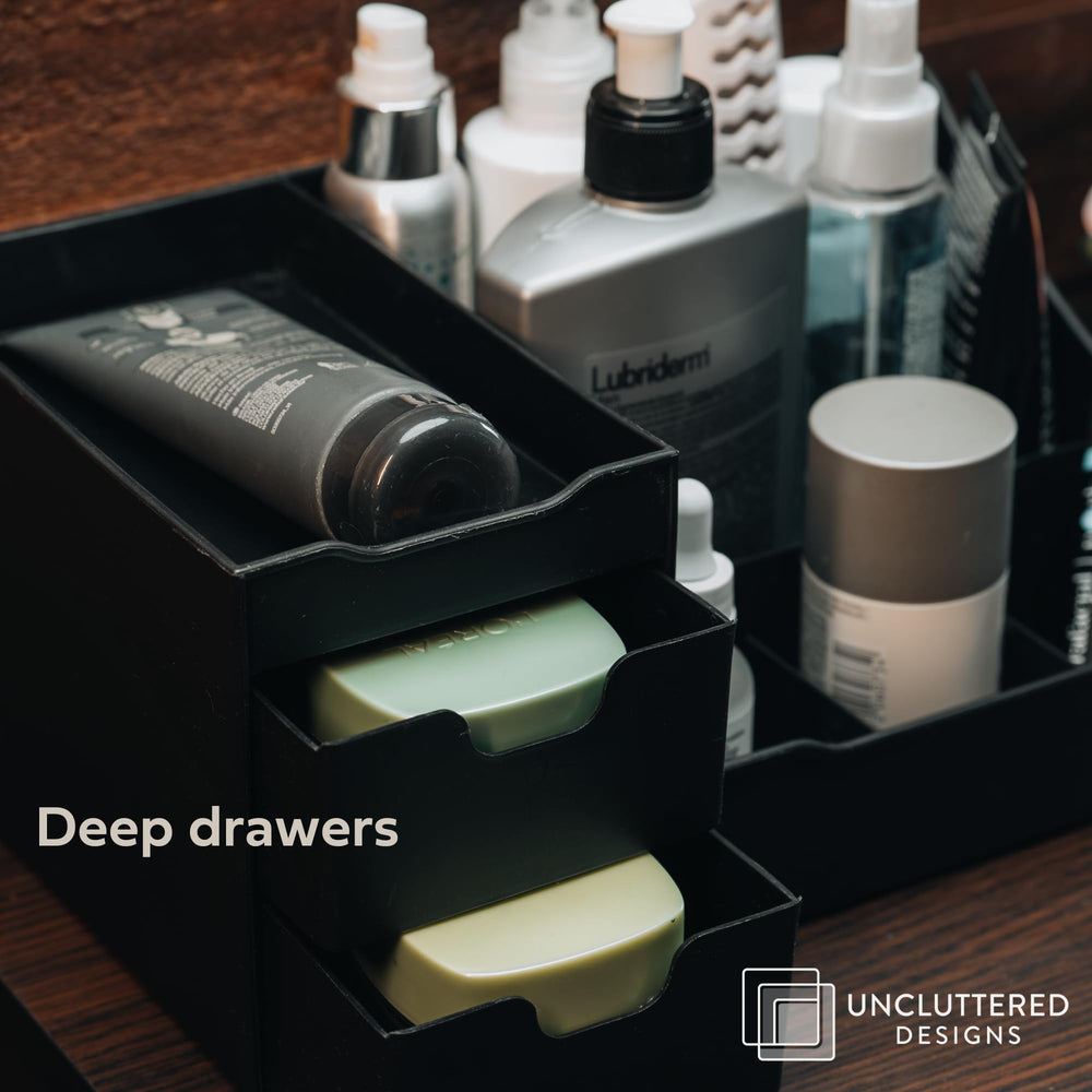 Uncluttered Designs skincare bottles fit neatly, highlighting versatile bathroom organization