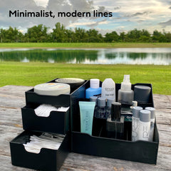 Uncluttered Designs vanity organizer drawer display reveals seven compartments for cosmetics and grooming tools
