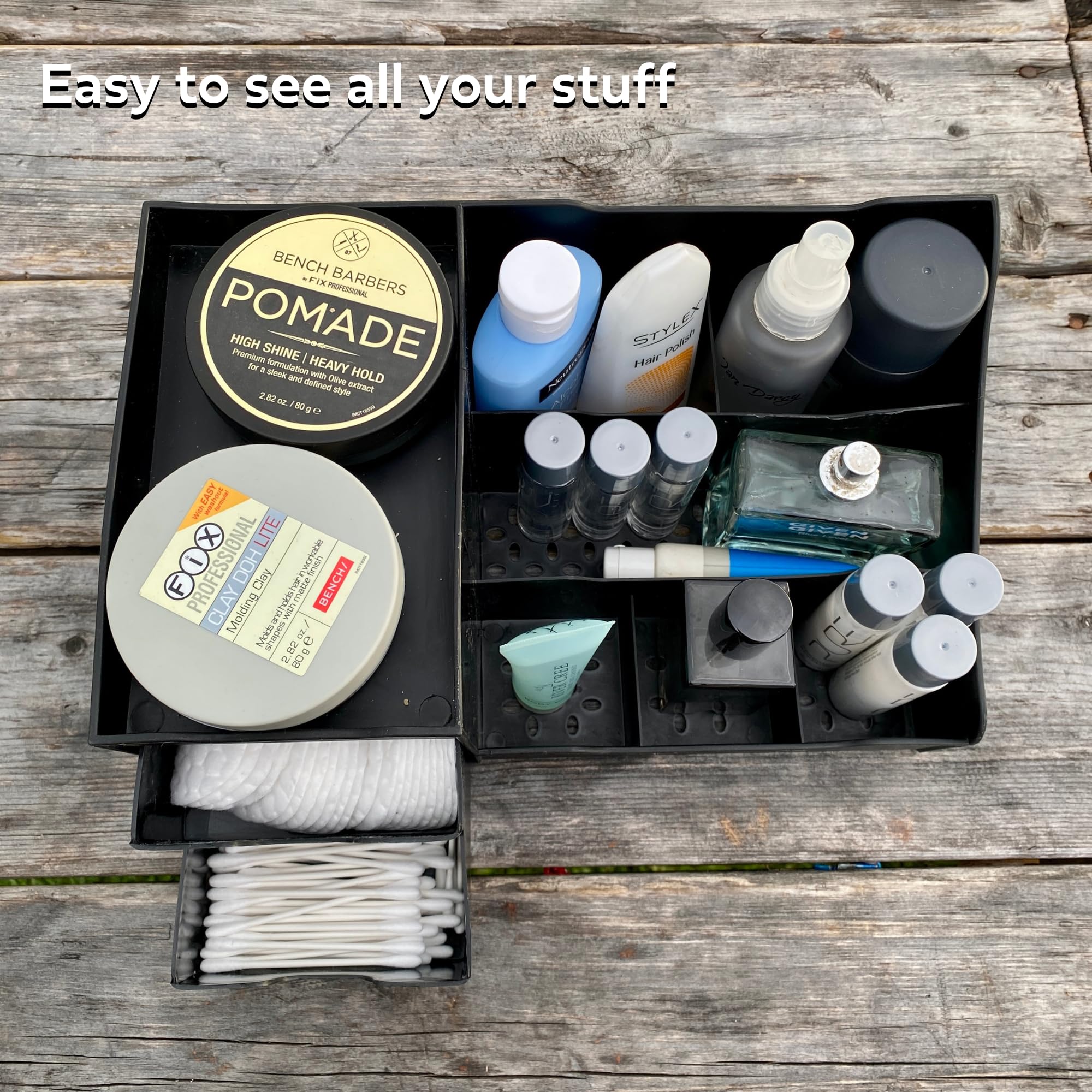 Uncluttered Designs shaving lotion arrangement shows easy access and mess-free counter