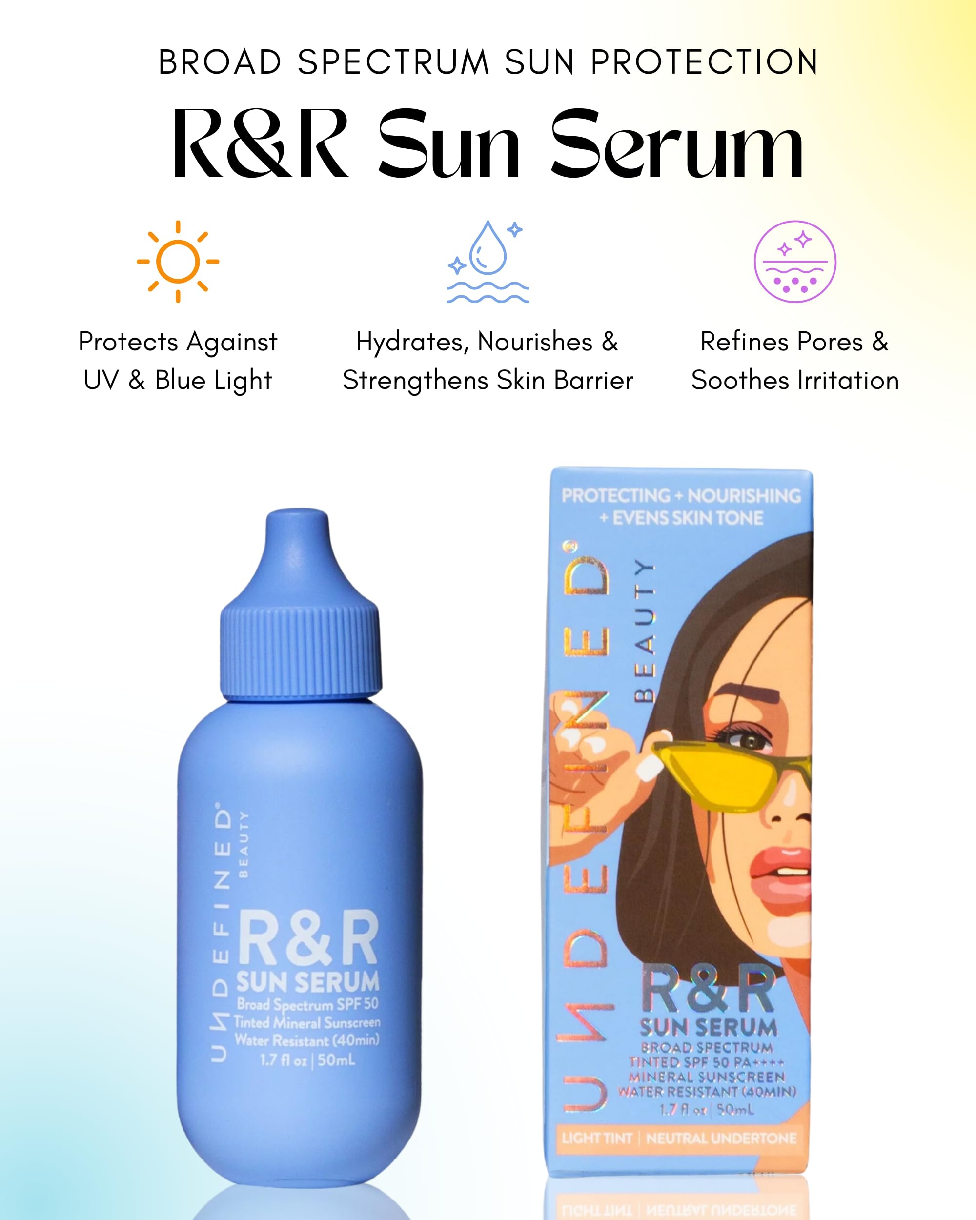 Undefined Beauty R&R Sun Serum Light Tint skin swatch showing natural blur.