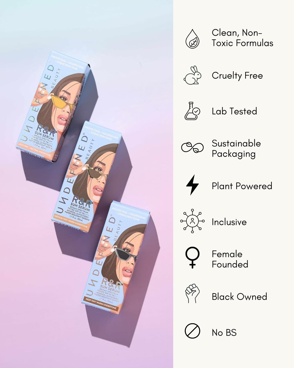 Undefined Beauty R&R Sun Serum reef-safe vegan label on packaging.